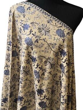 Floral Embroidered Ivory and Blue Draped Fabric